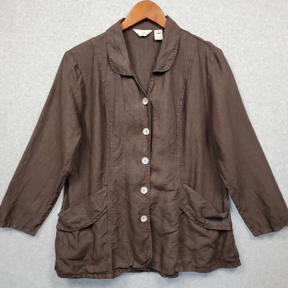 J Jill Linen Chore Jacket Chocolate Brown Relaxed Pockets Sz MP Mori Lagenlook